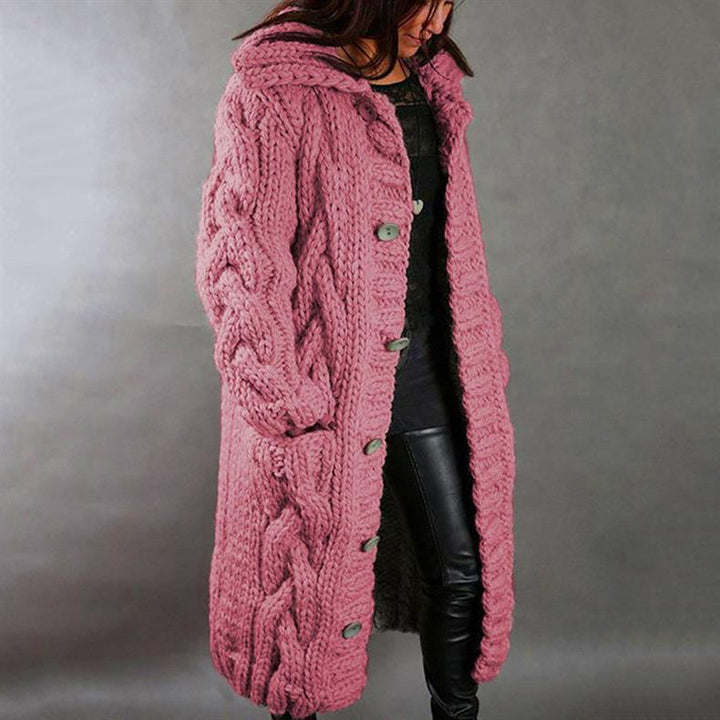 Women's long cable knit hooded coat with button fastening