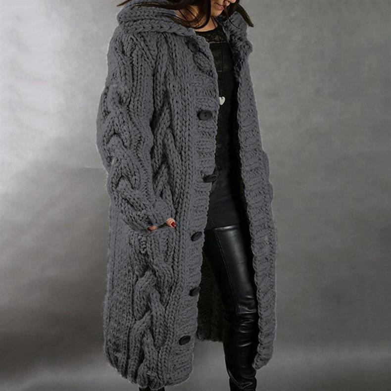 Women's long cable knit hooded coat with button fastening