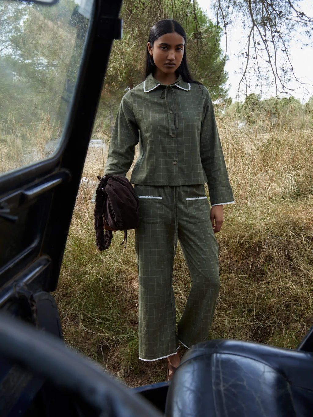 Women's green plaid wide leg trousers with drawstring waist and trim