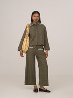 Women's green checked shirt with contrast collar and long sleeves