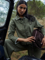 Women's green checked shirt with contrast collar and long sleeves