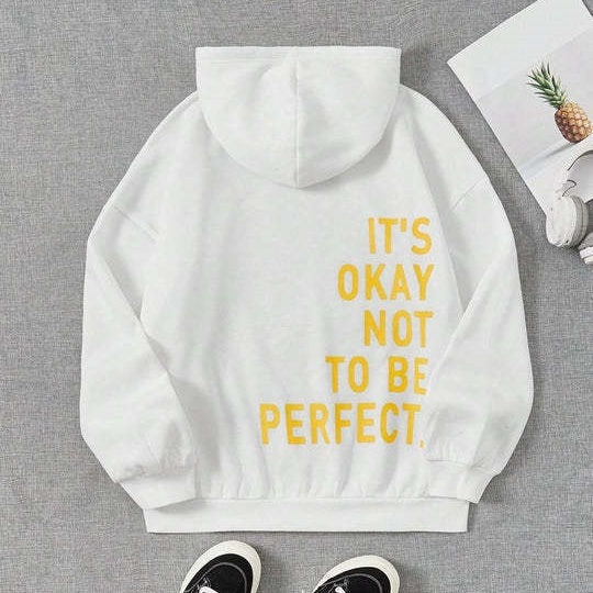 Women's oversized hooded sweatshirt with contrasting text graphic on the back