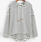 Women's striped pullover hoodie with drawstring hood and curved hem