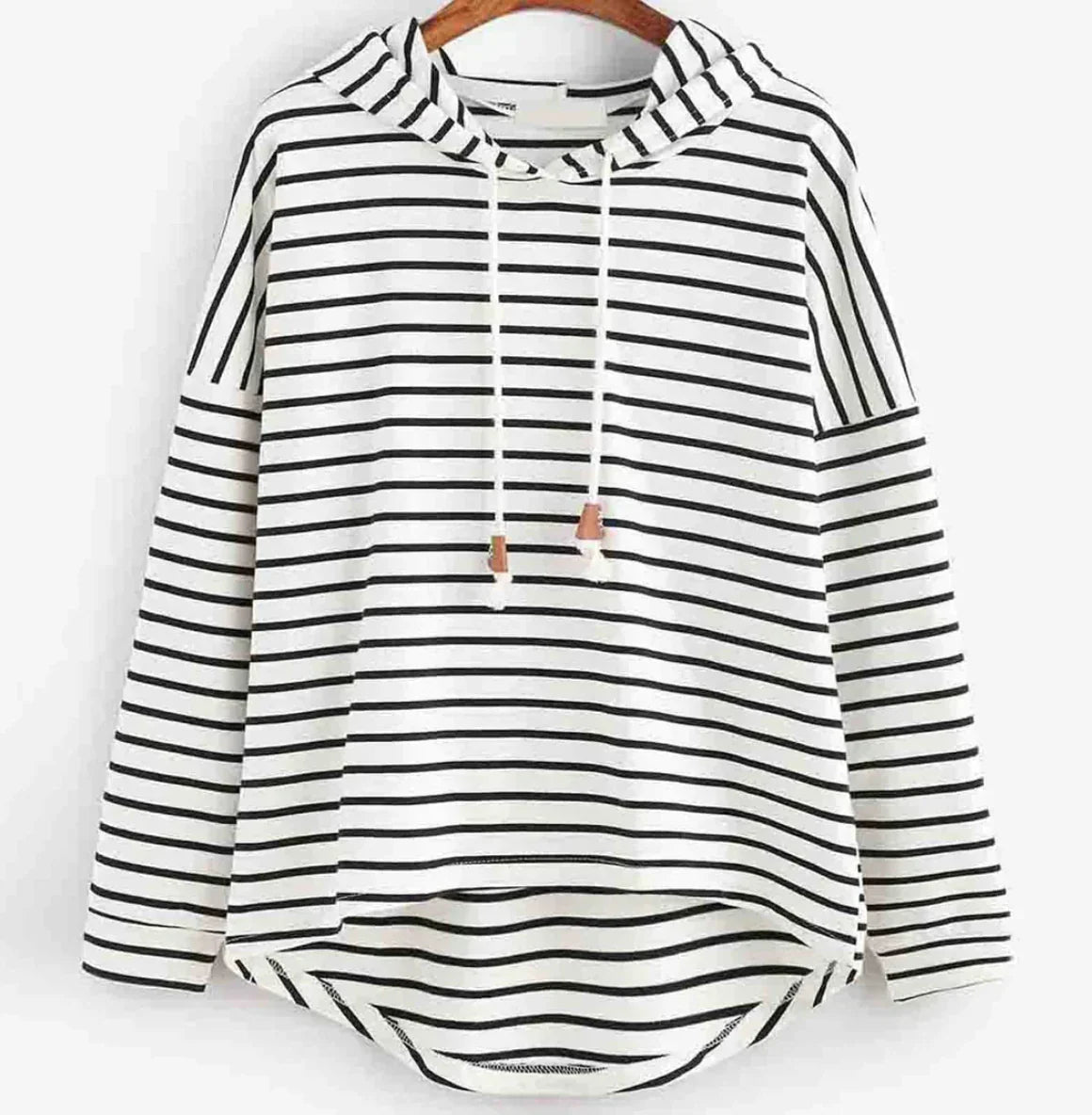 Women's striped pullover hoodie with drawstring hood and curved hem