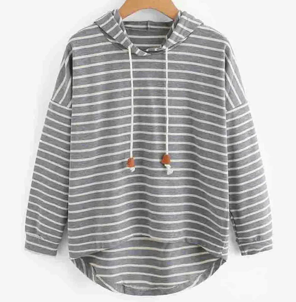 Women's striped pullover hoodie with drawstring hood and curved hem