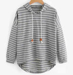 Women's striped pullover hoodie with drawstring hood and curved hem
