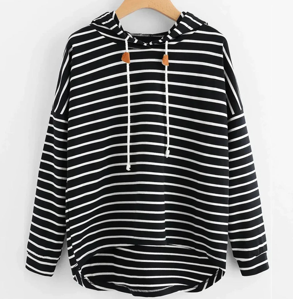 Women's striped pullover hoodie with drawstring hood and curved hem
