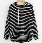 Women's striped pullover hoodie with drawstring hood and curved hem