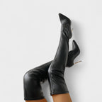 Women's black knee-high pointed toe stiletto boots