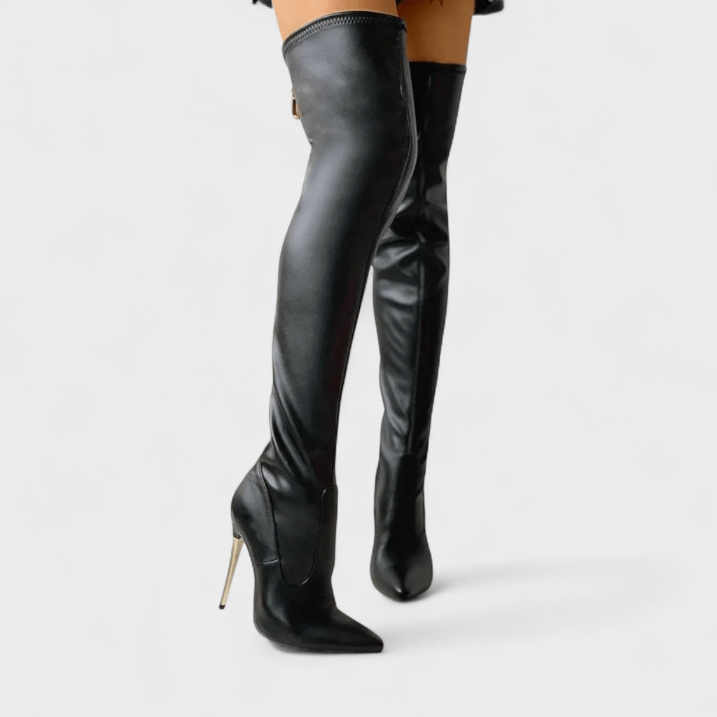 Women's black knee-high pointed toe stiletto boots