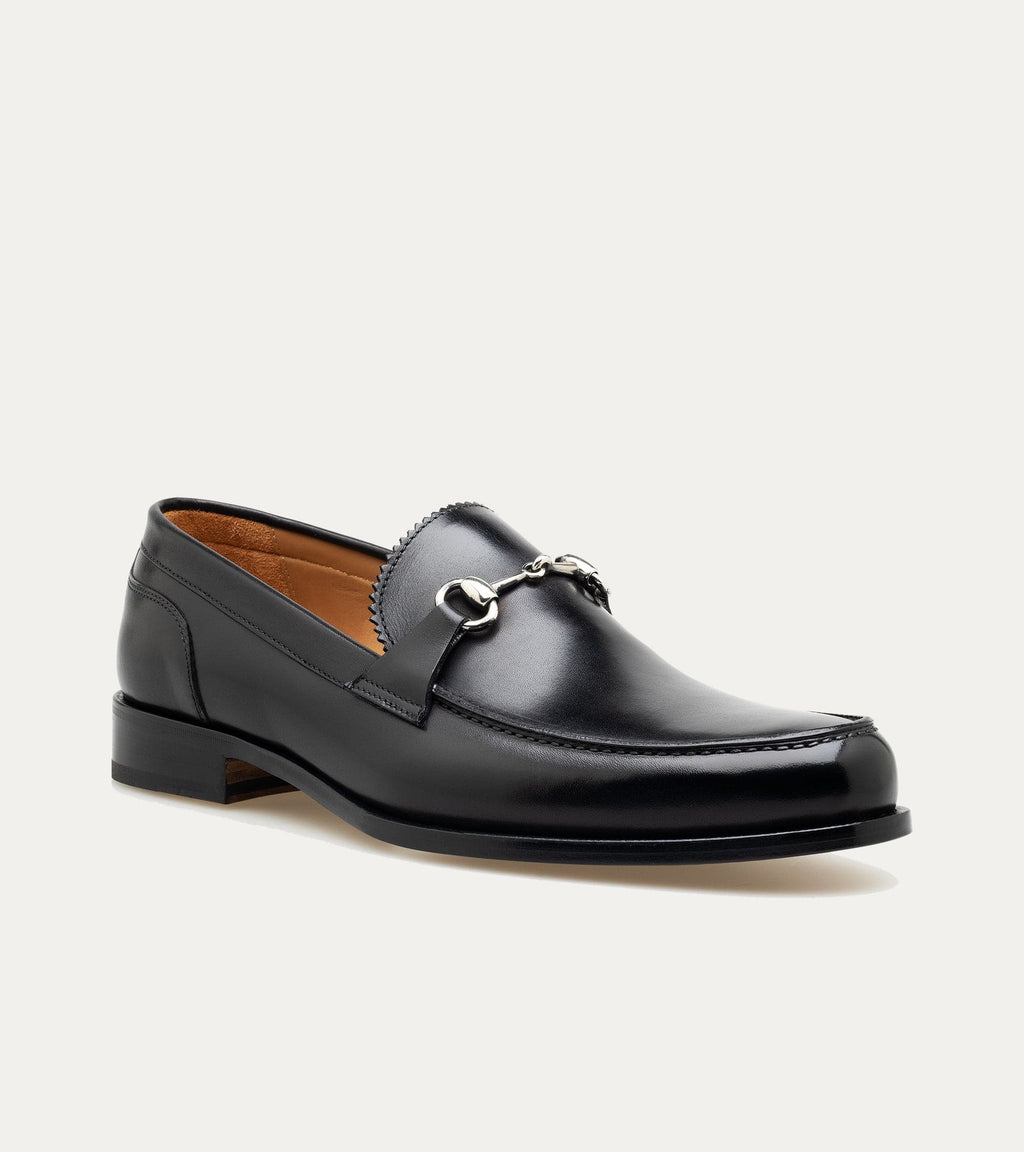 Men's black slip-on bit loafer with square toe and low heel