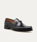 Men's black slip-on bit loafer with square toe and low heel
