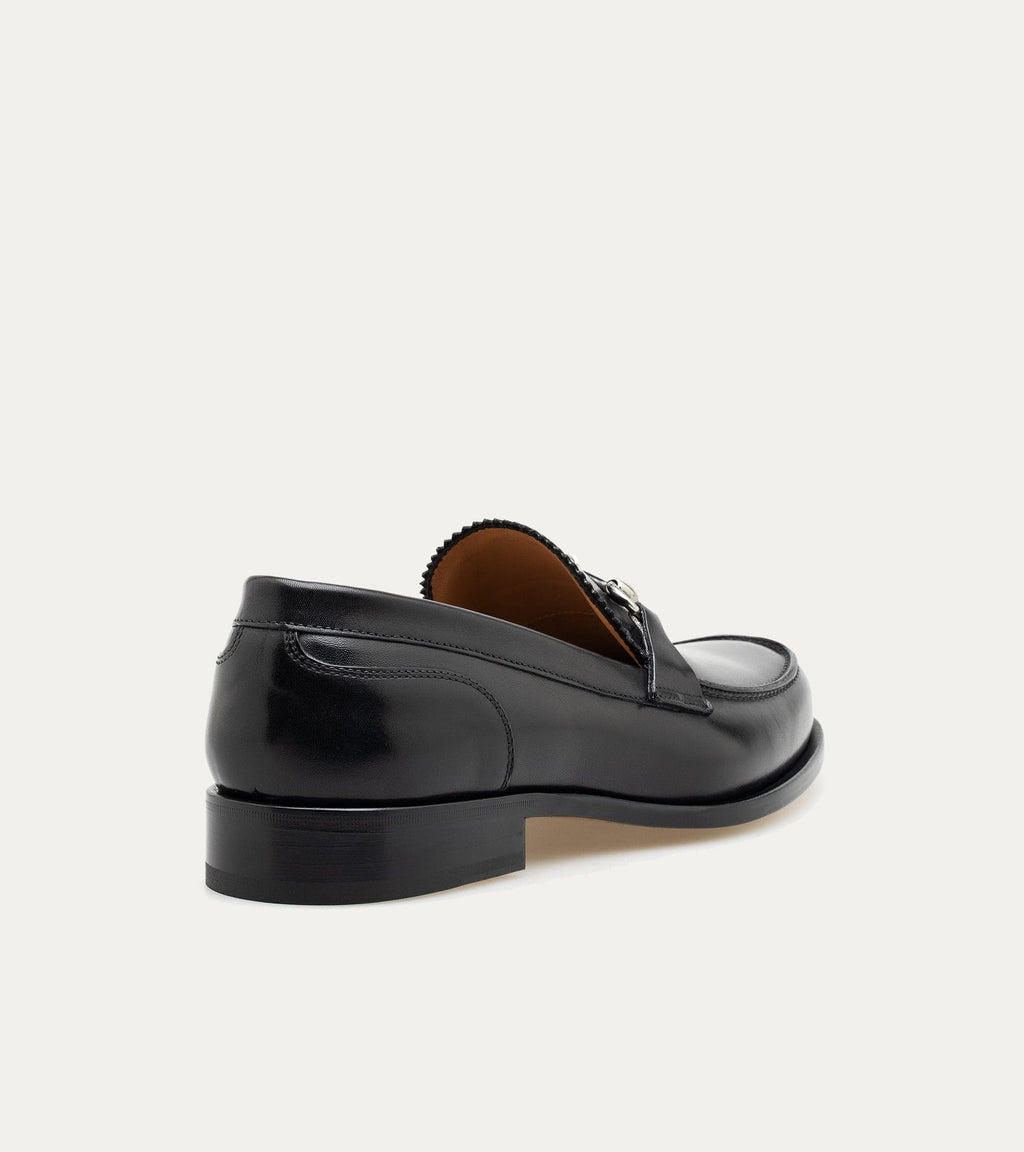 Men's black slip-on bit loafer with square toe and low heel