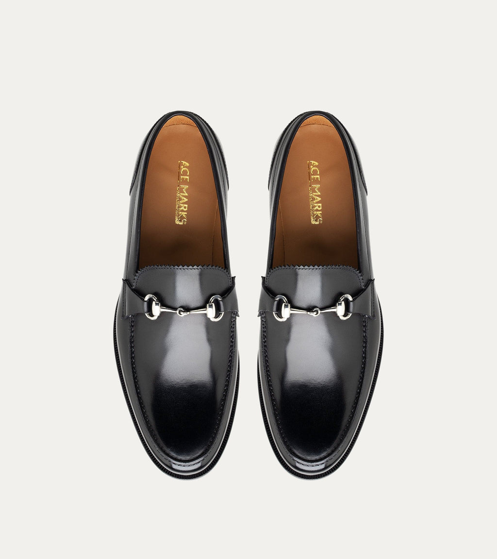 Men's black slip-on bit loafer with square toe and low heel