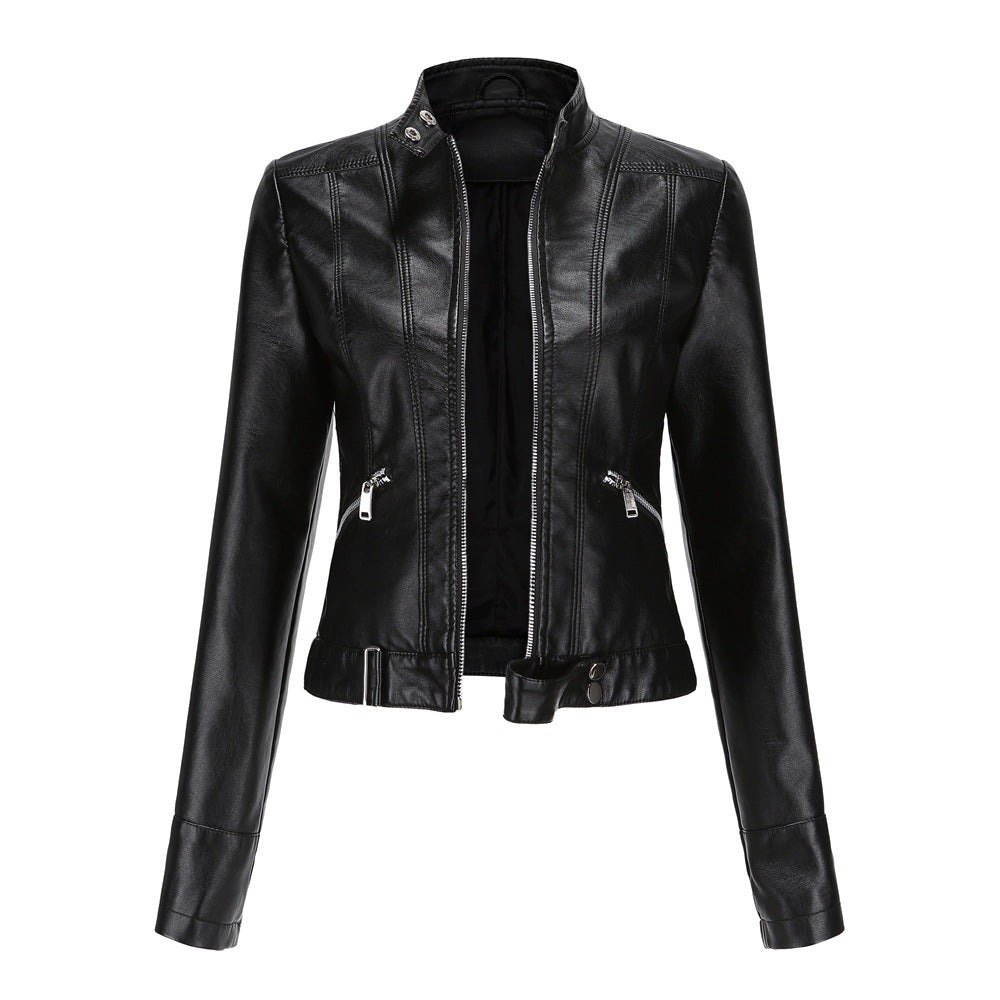 Women's fitted faux leather biker jacket with stand collar, long sleeves and zipped pockets
