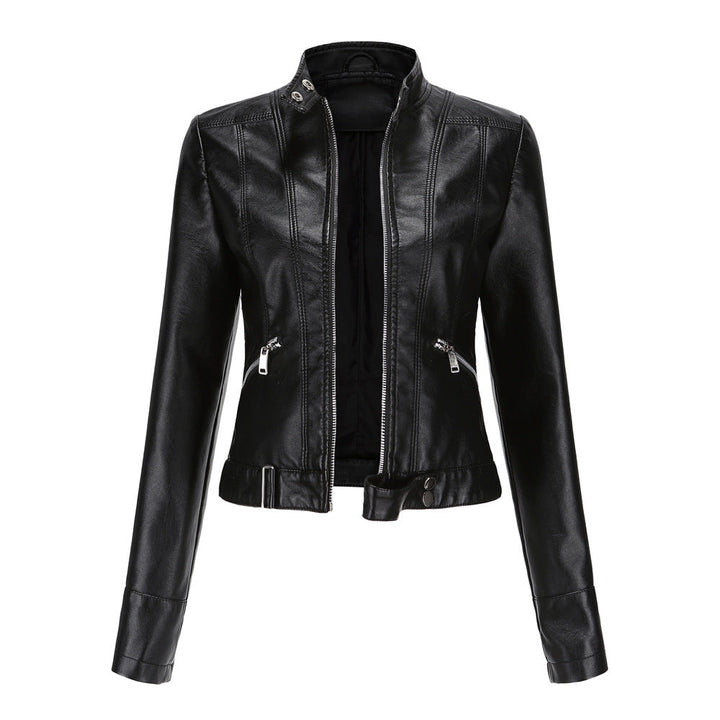 Women's fitted faux leather biker jacket with stand collar, long sleeves and zipped pockets
