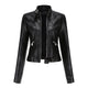 Women's fitted faux leather biker jacket with stand collar, long sleeves and zipped pockets