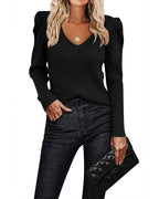 Women's ribbed V-neck jumper with puff sleeves