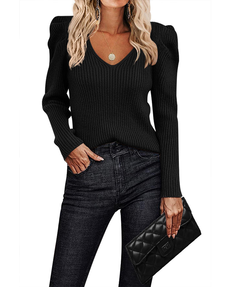 Women's ribbed V-neck jumper with puff sleeves