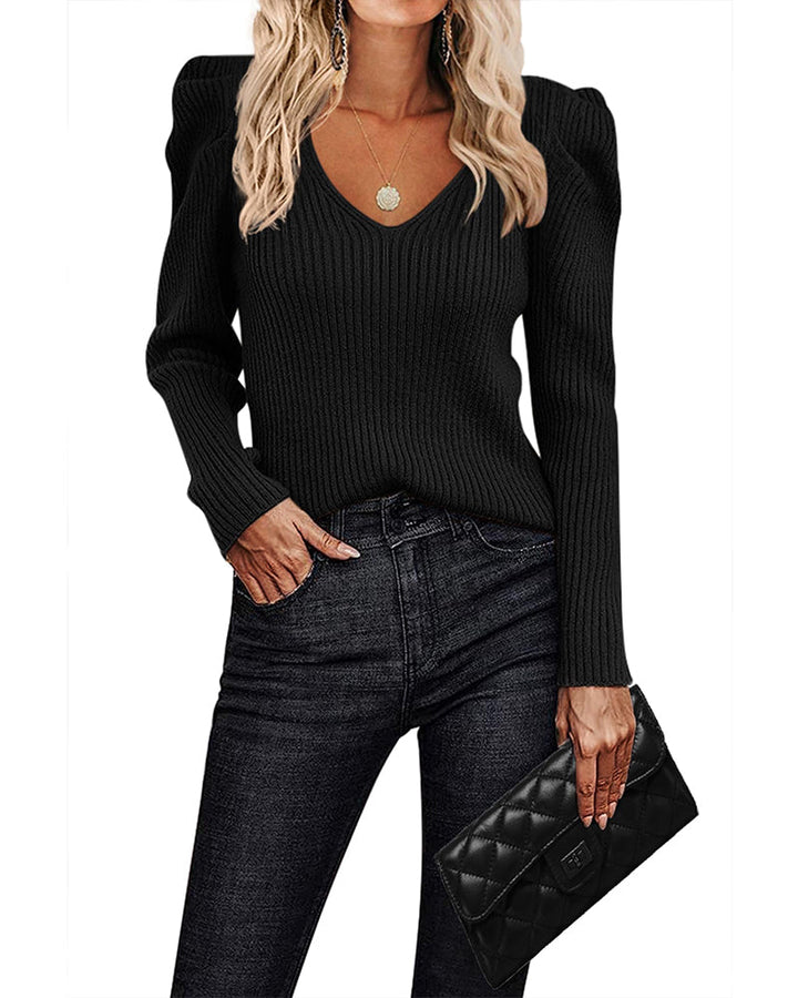Women's ribbed V-neck jumper with puff sleeves