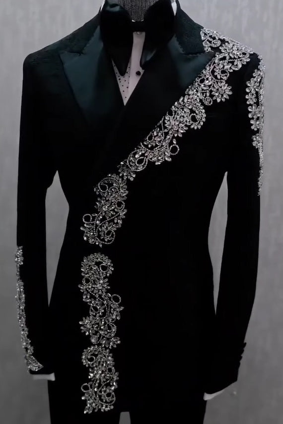 Men's black formal suit with peak lapels and silver embellished detailing
