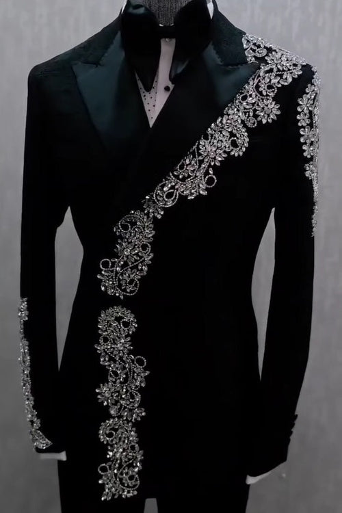 Men's black formal suit with peak lapels and silver embellished detailing
