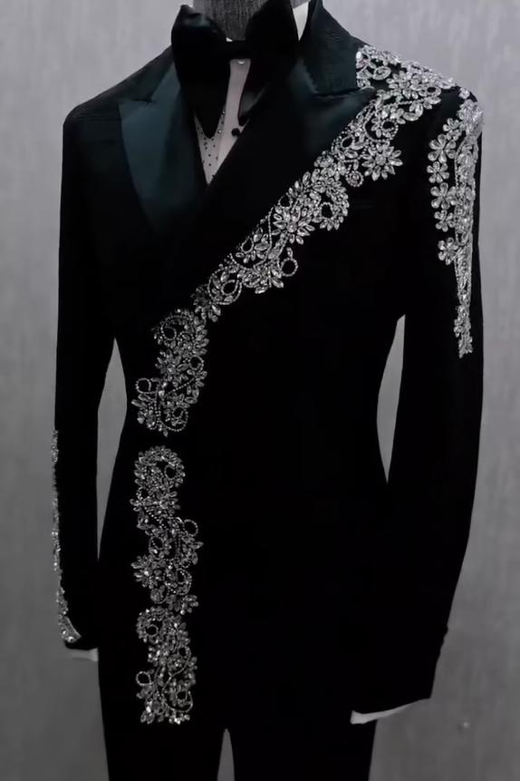 Men's black formal suit with peak lapels and silver embellished detailing