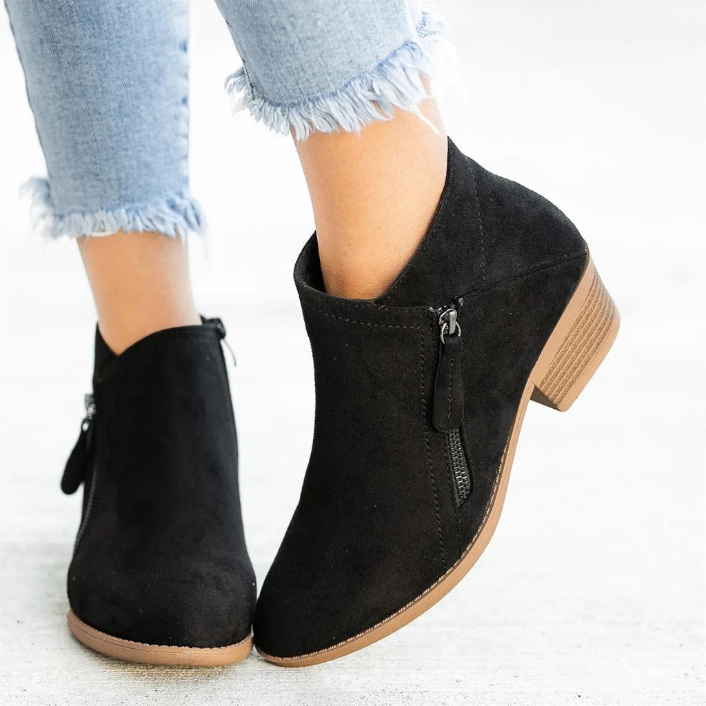 Women's ankle boots with side zippers and low block heels