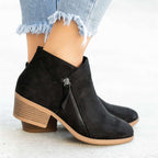 Women's ankle boots with side zippers and low block heels