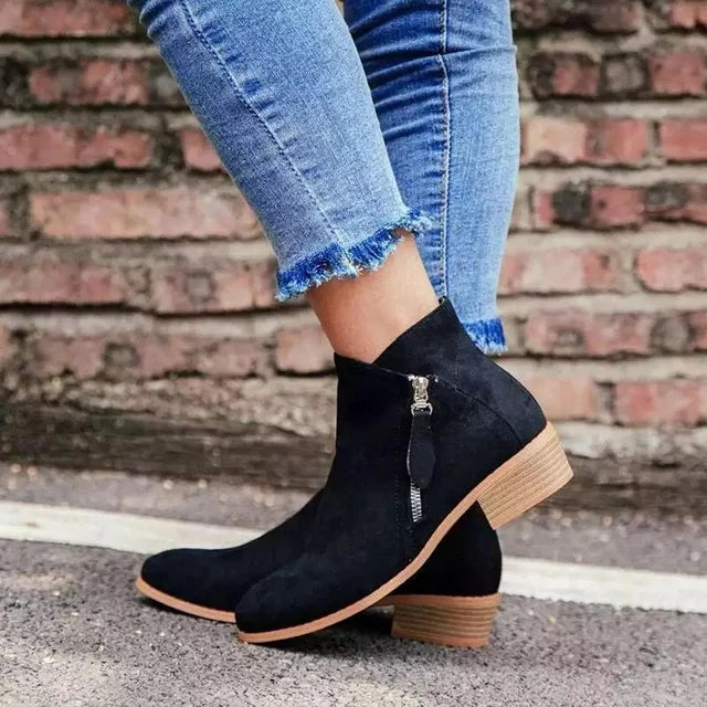 Women's ankle boots with side zippers and low block heels