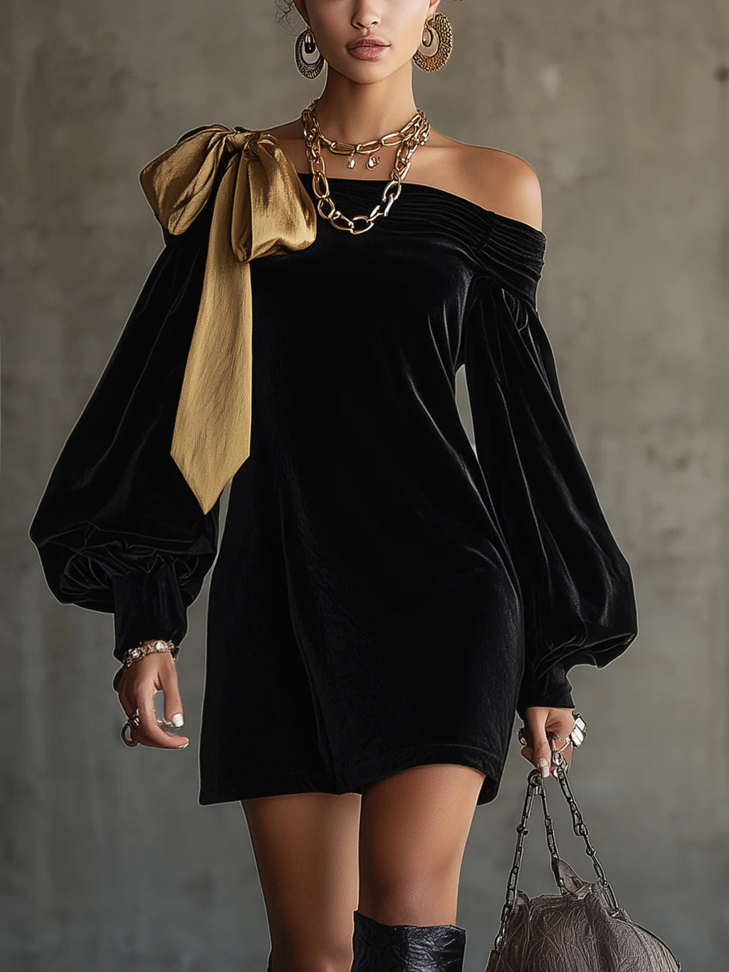 Black off-shoulder mini dress with long balloon sleeves and a gold shoulder bow