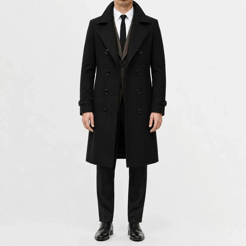 Men's long double-breasted trench coat with wide lapels and buttoned cuffs