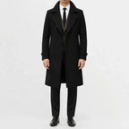 Men's long double-breasted trench coat with wide lapels and buttoned cuffs