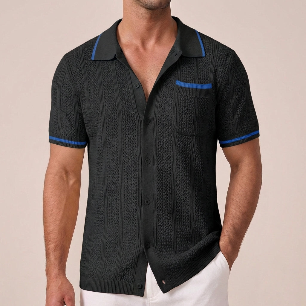 Men's openwork short-sleeve shirt with camp collar and buttons