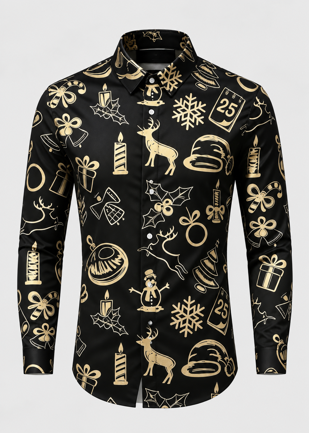 Men's Christmas Print Shirt with Stand Collar