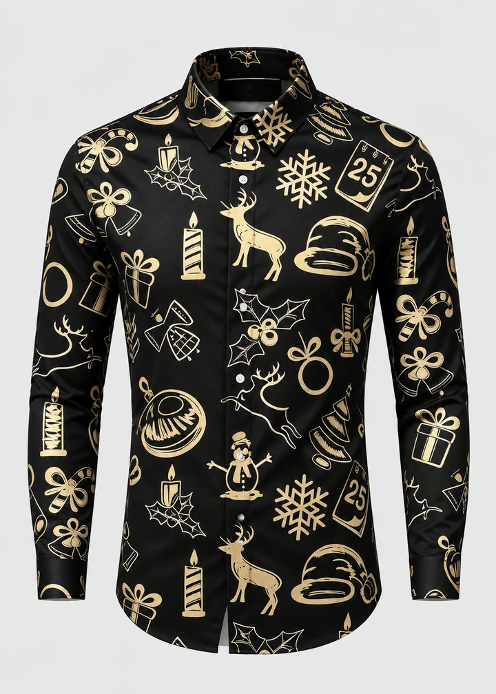 Men's Christmas Print Shirt with Stand Collar