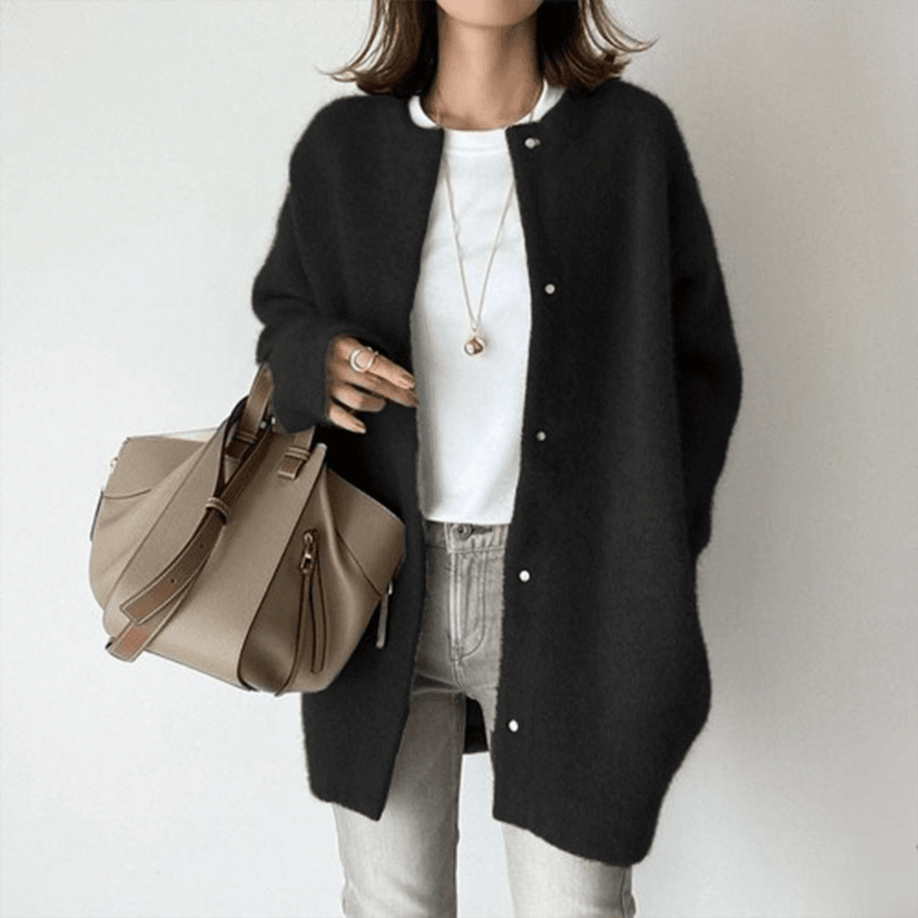 Women's longline button front cardigan with round neckline and long sleeves