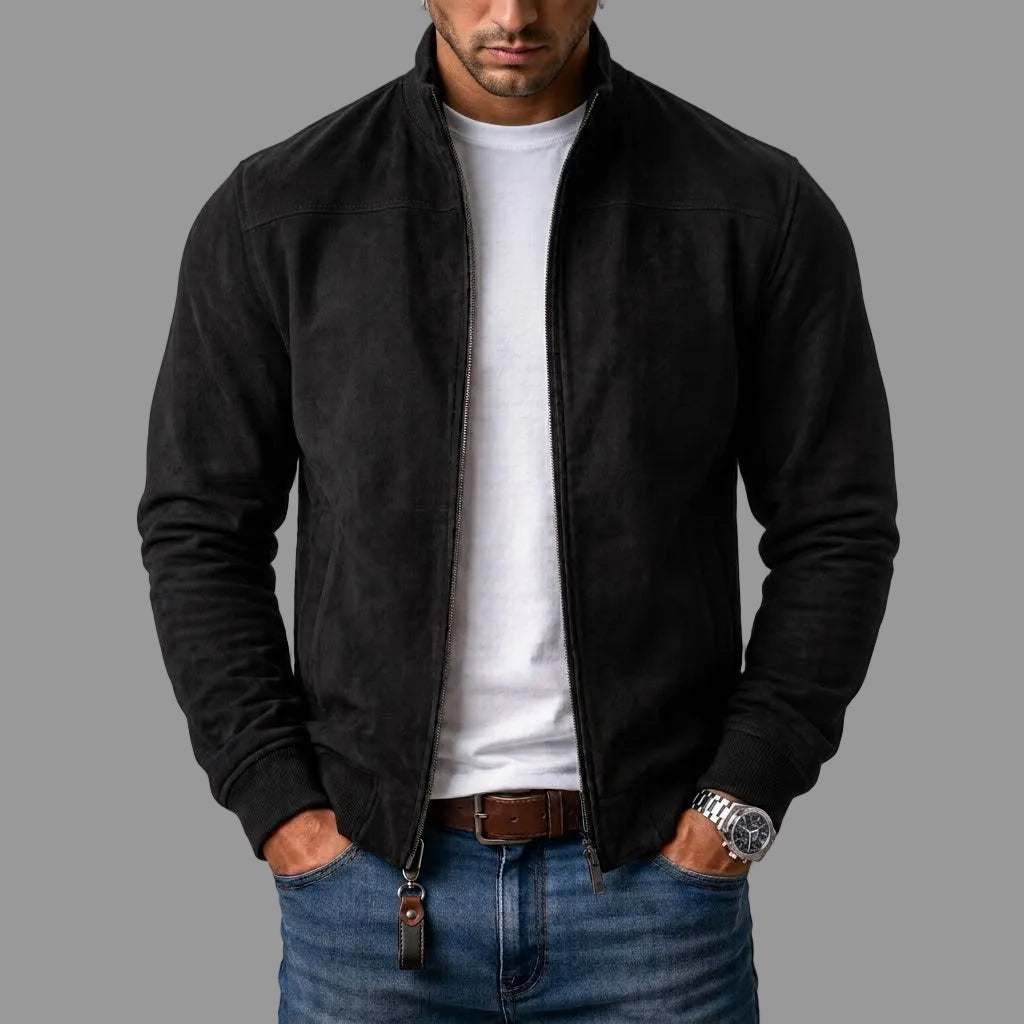 Men's bomber jacket with zip front, stand collar, long sleeves and ribbed trims