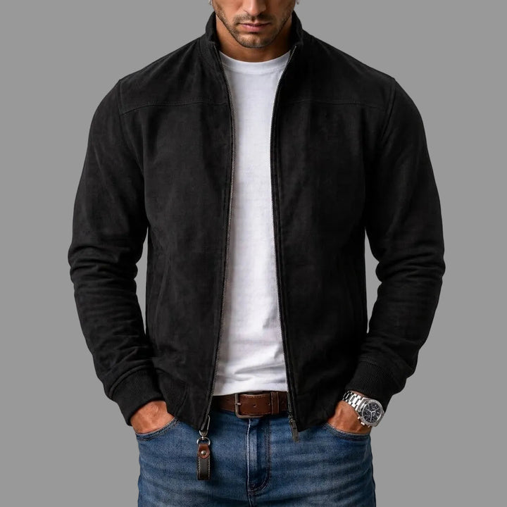 Men's bomber jacket with zip front, stand collar, long sleeves and ribbed trims