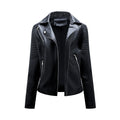 Women's short biker jacket with notched lapels, long sleeves, zip pockets and quilted panels