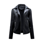 Women's short biker jacket with notched lapels, long sleeves, zip pockets and quilted panels