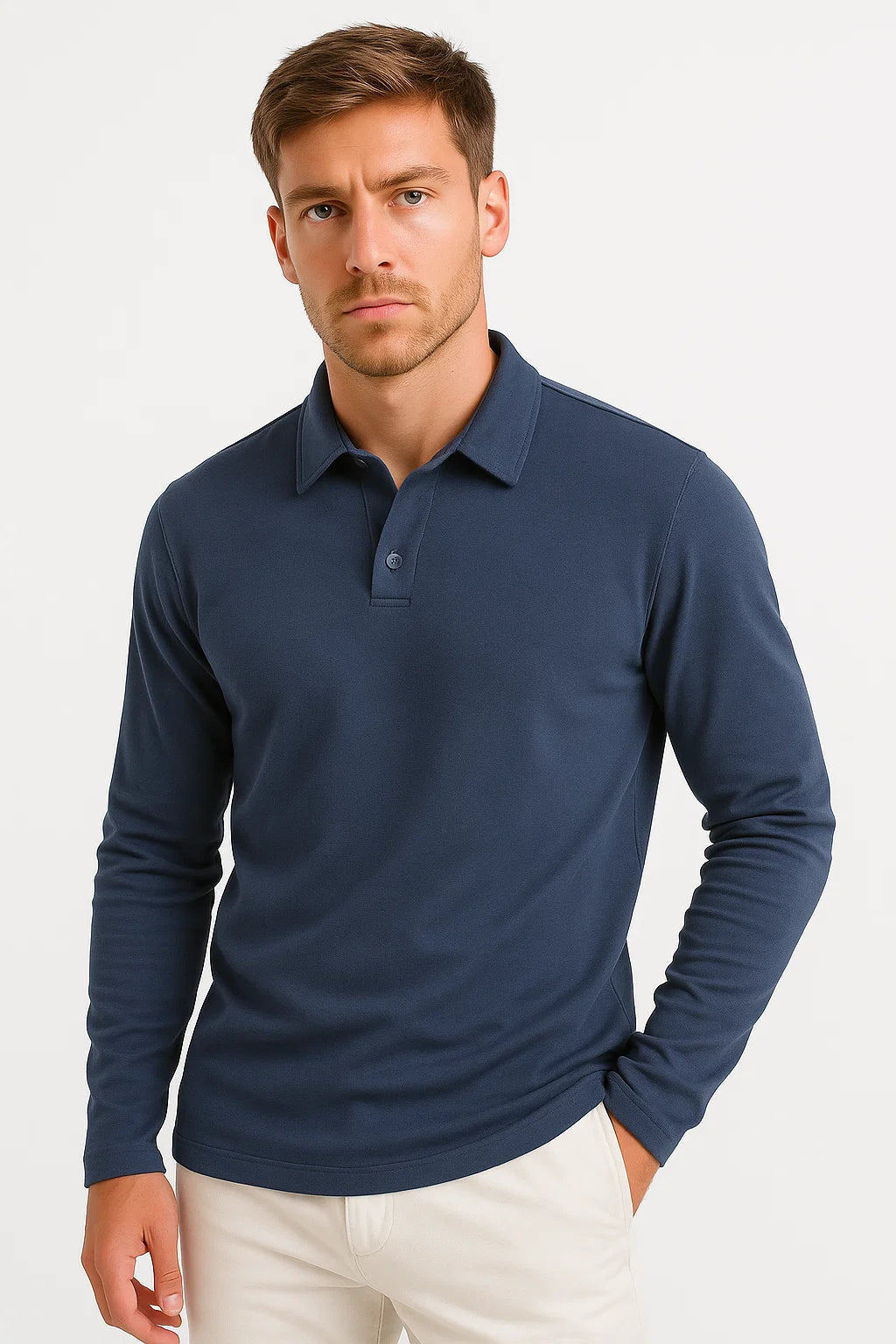 Men's long sleeve polo shirt with classic collar and button placket
