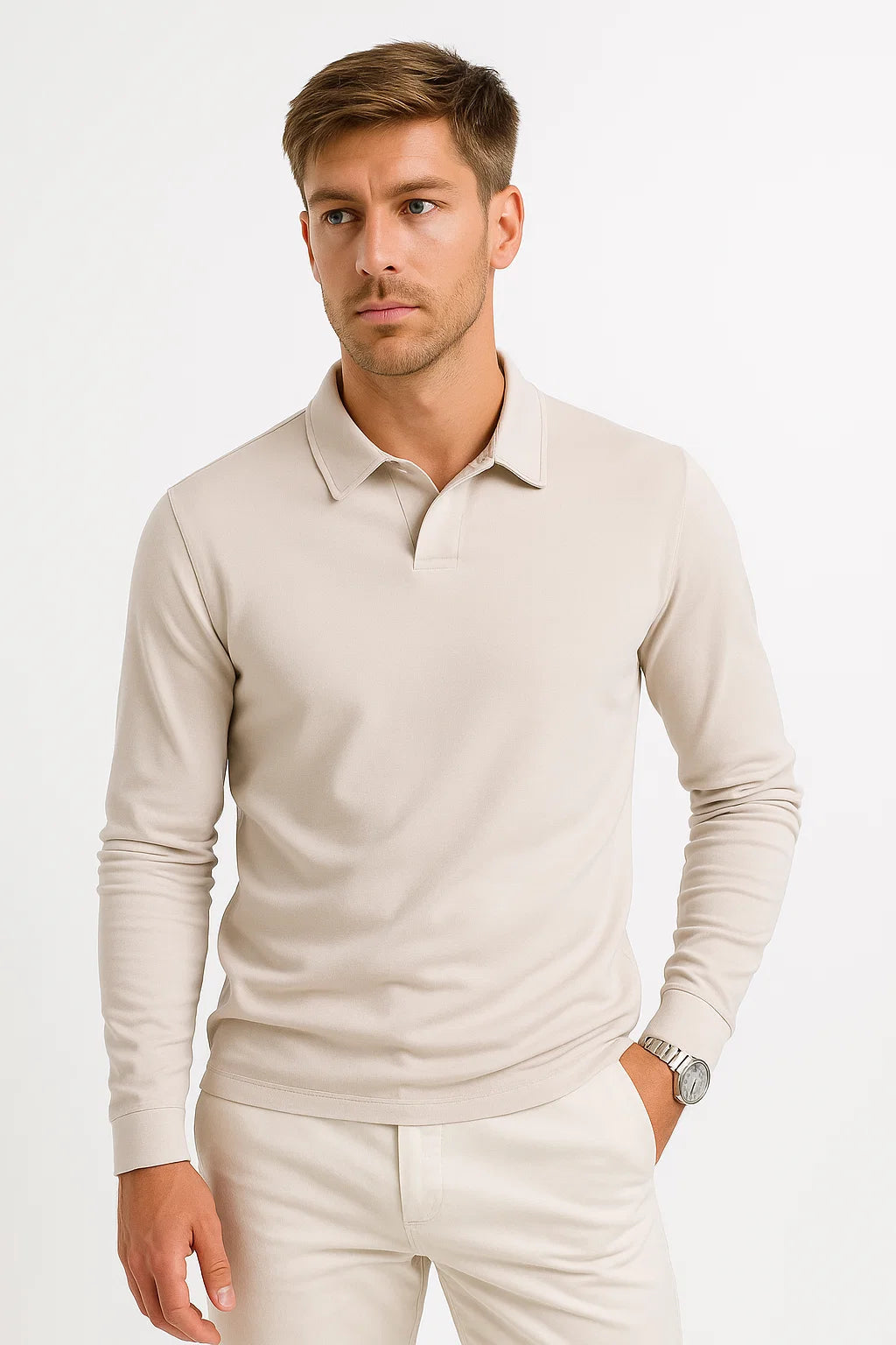 Men's long sleeve polo shirt with classic collar and button placket