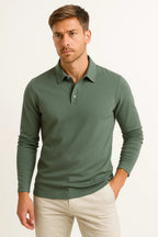 Men's long sleeve polo shirt with classic collar and button placket