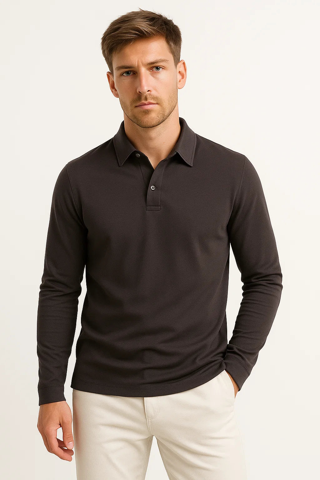 Men's long sleeve polo shirt with classic collar and button placket