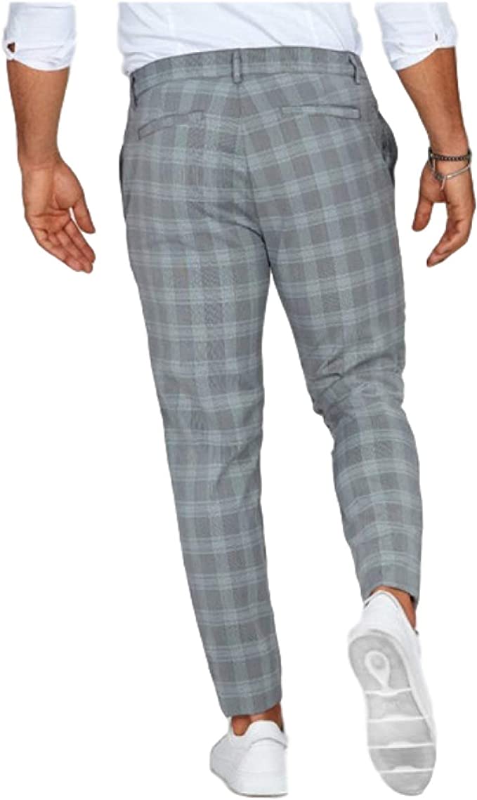 Men's checked slim leg chino trousers with belt loops and full-length cut
