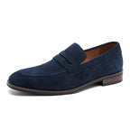 Men's penny loafer with almond toe, vamp strap and low heel