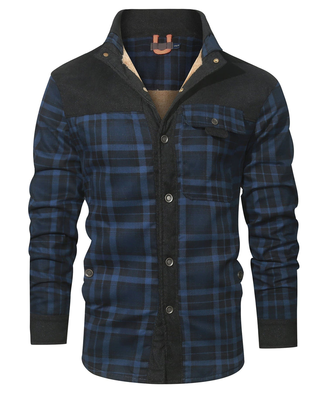 Men's checked jacket with stand collar, long sleeves and button front