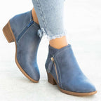 Women's ankle boots with side zippers and low block heels
