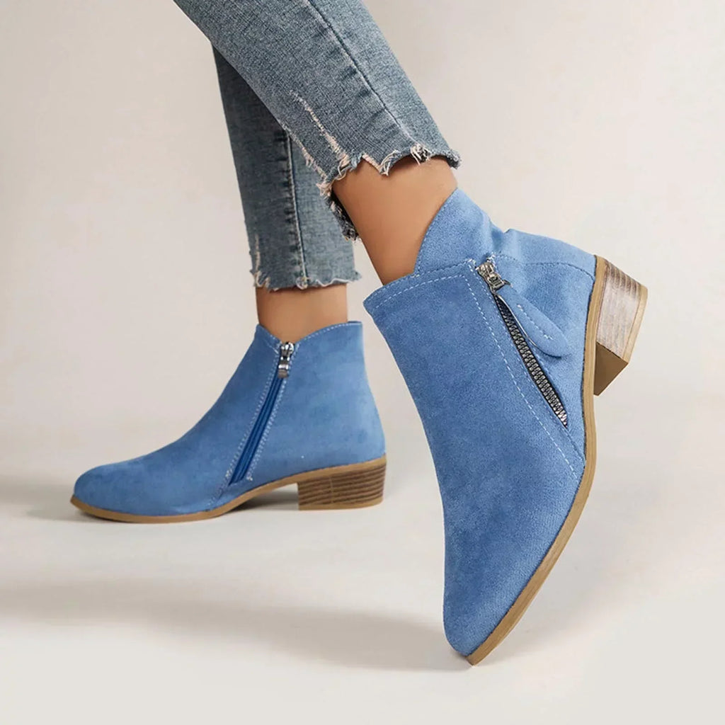Women's ankle boots with side zippers and low block heels